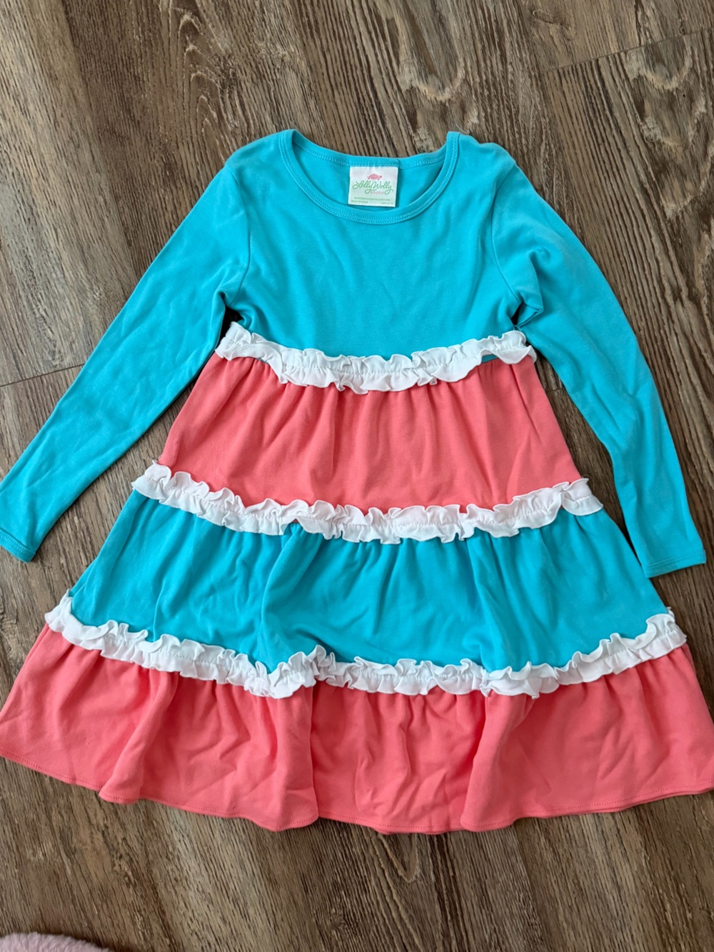 Lolly Wolly Doodle Teal and coral Girls Ruffle dress 🩷 New size 6/7